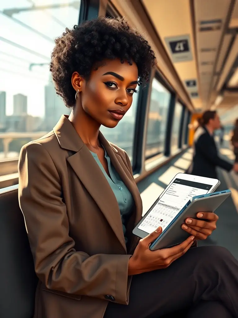 A South African professional using Google Calendar on a tablet while commuting on the Gautrain, scheduling meetings and managing appointments.