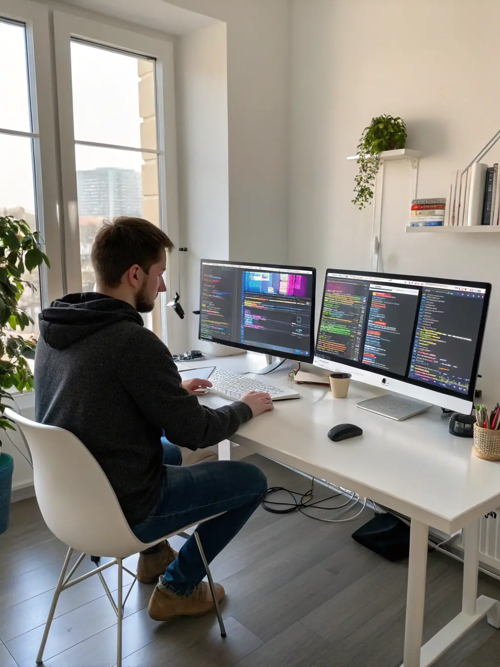 A South African entrepreneur using Slack on a desktop computer in a modern office, communicating with team members and managing projects.
