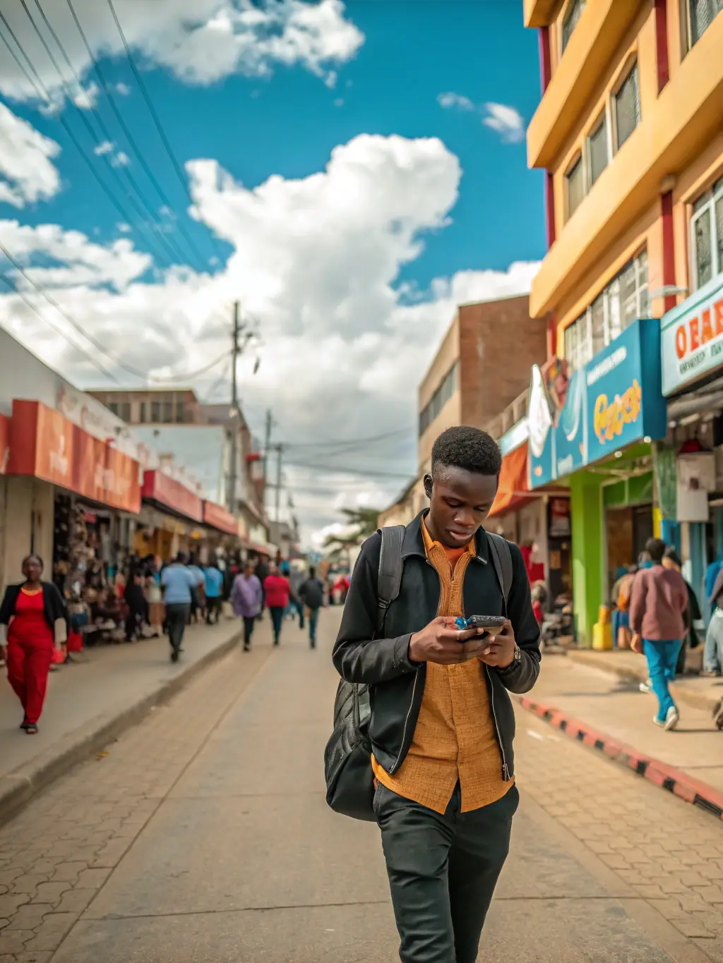A person using a mobile phone in a busy Johannesburg street, managing tasks on a productivity app.